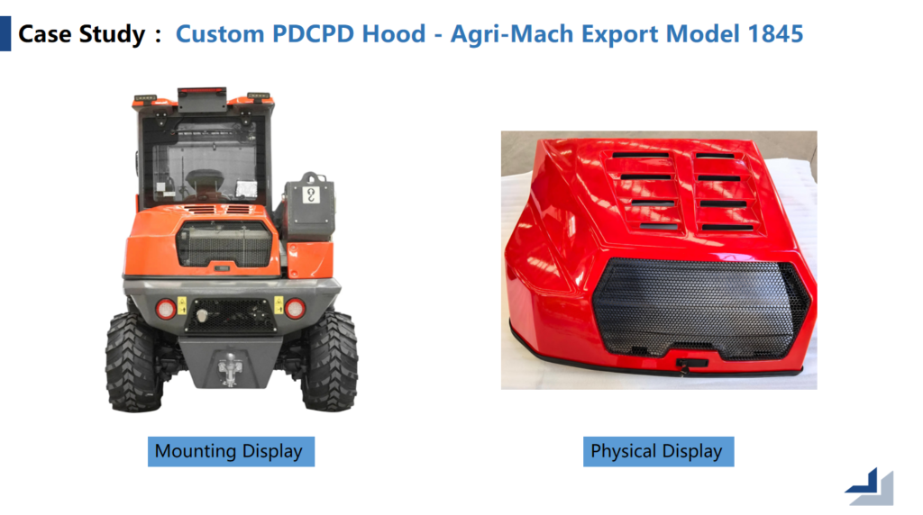 PDCPD-RIM Hoods and wheel housings for agricultural machinery including tractors, harvesters, balers, scrapers, forklifts and stackers
